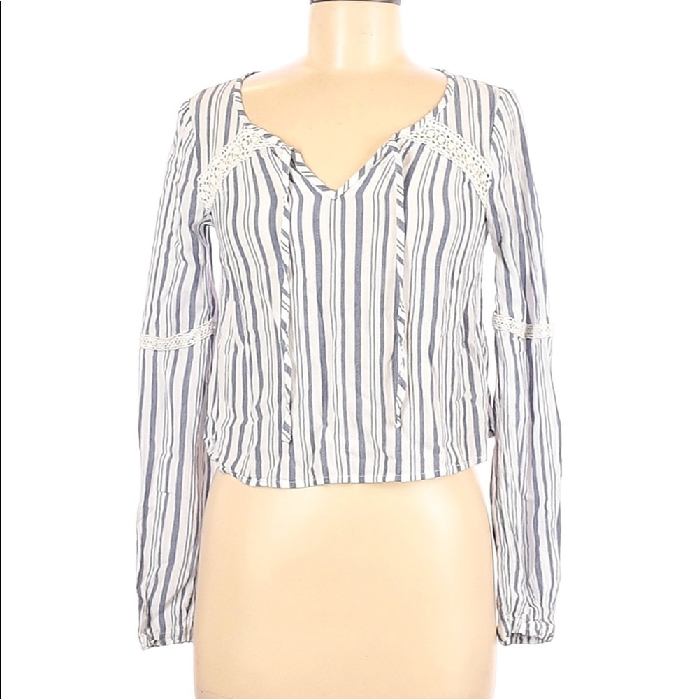Hollister Women's Size XS Cropped Top Long Sleeve Keyhole White Blue Gray Stripe
